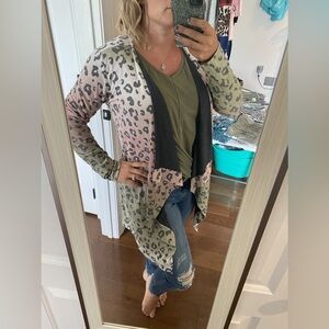 NWT Mauve Pink Olive Green Charcoal Gray Leopard Open Front Cardigan